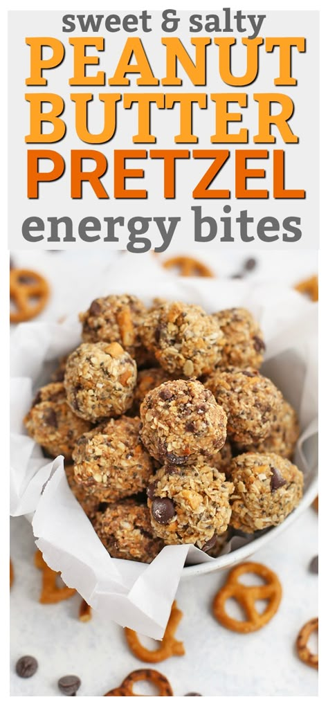 Sweet and Salty Peanut Butter Pretzel Energy Bites • One Lovely Life Volleyball Treats, Flexitarian Meals, Peanut Butter Pretzel Bites, Protein Energy Bites, Oatmeal Energy Bites, Energy Bites Healthy, Peanut Butter Energy Bites, Energy Balls Healthy, Protein Balls Recipes