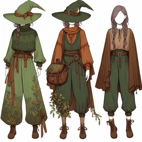 Witch Outfit Concept Art, Witch Clothes Reference, Forest Prince Outfit, Elemental Witch Art, Witch Aesthetic Outfit Drawing, Druidess Aesthetic, Ren Faire Forest Witch, Female Druid Cosplay, Elf Outfits Drawing