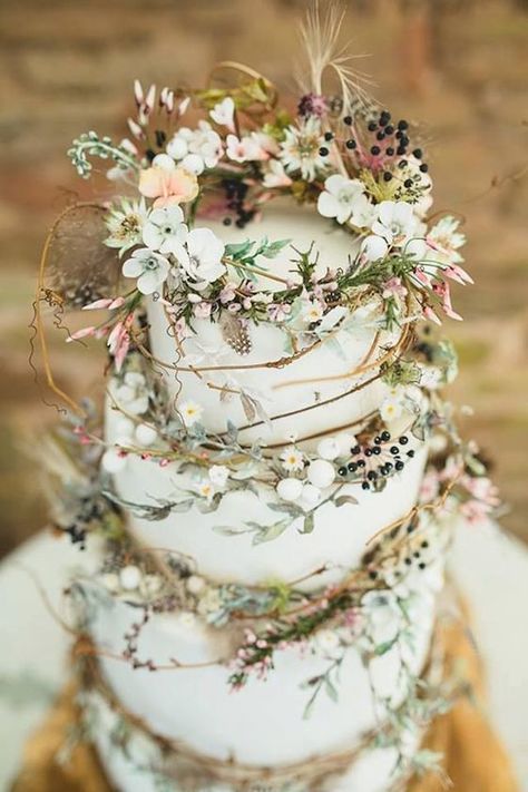 3 tiered wild and whimsical rustic wedding cake. Pandora Wedding, Wedding Cake Rustic, Rustic Wedding Cake, Rustic Cake, Fairy Wedding, Rustic Weddings, Wedding Cake Inspiration, Tiered Wedding Cake, Mod Wedding