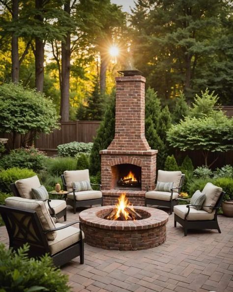 Outdoor Brick Fireplace Ideas, Fireplace Outdoor Ideas, Outdoor Fireplace Ideas Backyards, Patio Fireplace Ideas, Family Commune, Backyard Fireplace Patio, Brick Outdoor Fireplace, Backyard Fireplace Ideas, Courtyard Fireplace