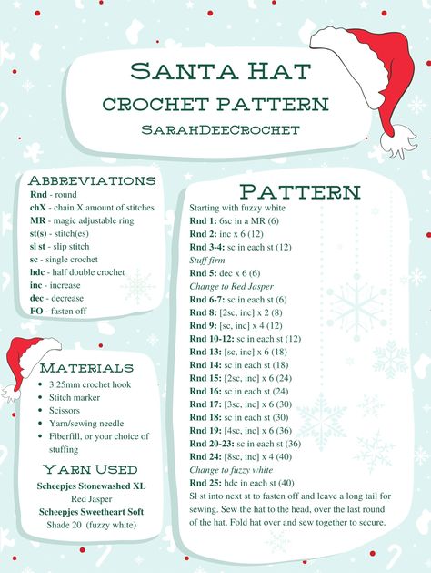 Santa Hat Crochet Pattern – SarahDee Crochet Crochet Santa Hat Free Pattern, Santa Hat Crochet Pattern, Christmas Crochet Ideas, Crochet Santa Hat Pattern, Santa Hat Crochet, Beginner Scarf, Free Christmas Crochet, Scarf Crochet Patterns, Crochet Patterns Beginner