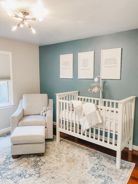 Winnie the pooh Blue Winnie The Pooh Nursery, Neutral Nursery With Blue Accents, Blue Boys Nursery, Blue Nursery Paint Colors, Blue Baby Boy Nursery, Blue Baby Nursery, Baby Boy Nursery Rug, Boy Nursery Blue Accent Wall, Blue Baby Room