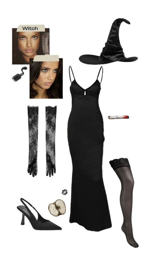 Elevated witch look featuring a sleek black dress, lace gloves, and essential witch accessories. Embrace the dark side in style this Halloween. Halloween Costumes For Brunettes, Halloween Costumes Brunette, Classy Halloween Costumes, Witch Costumes, Pretty Halloween Costumes, Halloween Party Outfits, Cast A Spell, Witch Halloween Costume, Scary Halloween Costumes