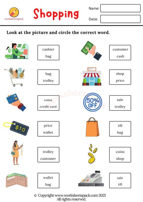 Year 2 English Worksheets, Shopping Printable, Summer Worksheets, Time Worksheets, Verb Worksheets, Learning English For Kids, Clothing Shopping, Kids Math Worksheets, 1st Grade Worksheets