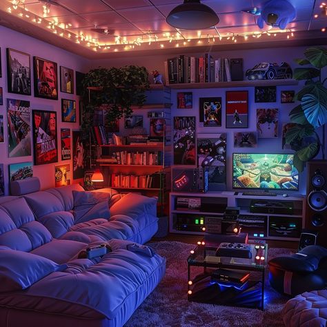 Which game room are you chilling in? 🎮 Cute Spare Room Ideas, Game Room Aesthetic Dark, Living Gaming Room, Cute Game Room Decor, Gaming Library Room, Library And Gaming Room, Teen Boy Game Room, Cozy Video Game Room, Fun Game Room Ideas