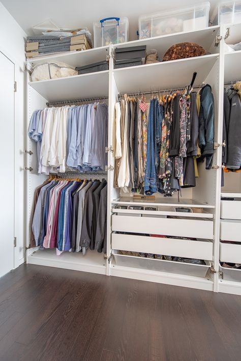 Make Built In Wardrobe, Ikea Hack Closet System, Pax Ikea Wardrobe Ideas, Ikea Pax Closet Small Spaces, Ikea Pax Hack Built Ins, Pax Wardrobe Ideas Small Spaces, Mezzanine Closet, Ikea Wardrobe Ideas, Built In Wardrobe Ideas