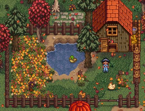 Meadow Lands Farm Layout Stardew, Junimo Hut Stardew Valley, Stardew Chicken Coop, Stardew Valley House Color, Stardew Valley Chicken Coop, Aesthetic Stardew Valley Farms, Stardew Valley Fish Pond, Stardew Valley Duck, Stardew Valley Beehive Layout