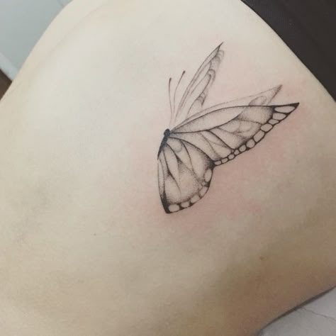 Butterfly Shading Tattoo, Light Grey Tattoos For Women, Landed Butterfly Tattoo, Butterfly Shaded Tattoo, Delicate Butterfly Tattoo Designs, Light Shaded Tattoo, Light Butterfly Tattoo, Shaded Butterfly Tattoo, Geometric Butterfly Tattoo