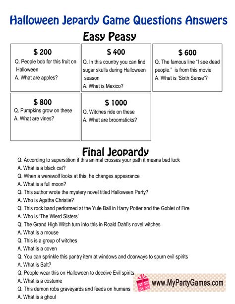 Free Printable Halloween Jeopardy Game Board and Question Cards Questions Board Game, Halloween Jepordy Questions And Answers, Jepordy Game Questions, Halloween Jeapordy, Halloween Jeopardy Questions, Halloween Jepordy Questions, Jepordy Game Diy, Jeopardy Game Questions And Answers, Christmas Jeopardy Questions