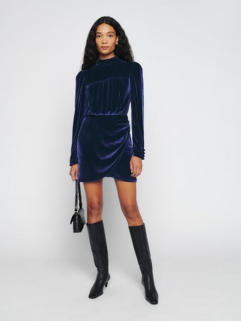 Sustainable Dresses - Shop Women's Dresses | Reformation Blue Velvet Dress Long, Navy Blue Velvet Dress, Casual Frocks, Long Sleeve Velvet Dress, Blue Velvet Dress, Color Shoes, Navy Blue Velvet, Mini Dress Fashion, Silky Dress