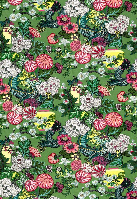 Fabric | Chiang Mai Dragon in Jade | Schumacher Schumacher Chiang Mai Dragon, Chinoiserie Panels, Schumacher Pillows, Chinoiserie Pillow, Chiang Mai Dragon, Chinoiserie Print, Chinoiserie Motifs, Chinoiserie Design, Motif Art Deco