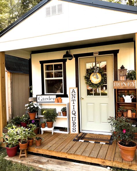 #sheshed She Shed Porch, Shed Home Office Ideas, Farmhouse She Shed, She Shed Exterior, Shed Porch, Shed Homes Interior, Shed Exterior Ideas, She Shed Interior Ideas, She Shed Craft Room