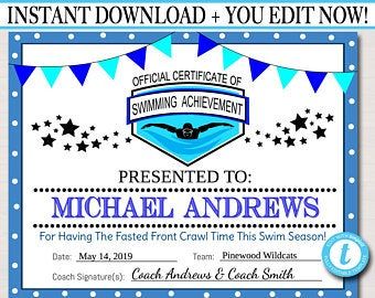 Swimming Certificate, Swim Team Party, Swimming Awards, Participation Award, Awards Certificates Template, Swim Season, Team Party, Award Certificates, Gift Certificate Template