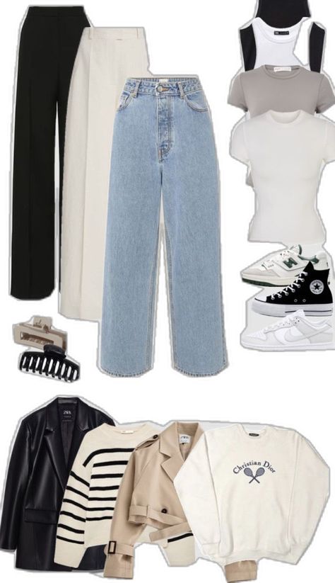 “clean girl” capsule wardrobe idea inspiration part 1 Clean Capsule Wardrobe, How To Capsule Wardrobe, Korean Capsule Wardrobe, Year Long Capsule Wardrobe, New Wardrobe Aesthetic, Spring Capsule Wardrobe 2024, Time Capsule Wardrobe, 10 Item Wardrobe, Snake Embroidery