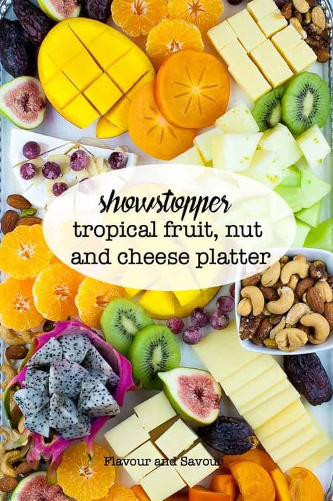 This Tropical Fruit Nut and Cheese Platter of exotic fruits, assorted cheeses and mixed nuts makes a delicious grazing board and it's naturally gluten free! Instructions for how to cut tropical fruits. #grazingboard #fruittray #fruitplatter #cheeseboard Luau Party Food, Luau Food, Persimmon Recipes, Fruit Appetizers, Fruit Beer, Philippines Food, Grazing Board, Top Chicken Recipes, Thai Street Food