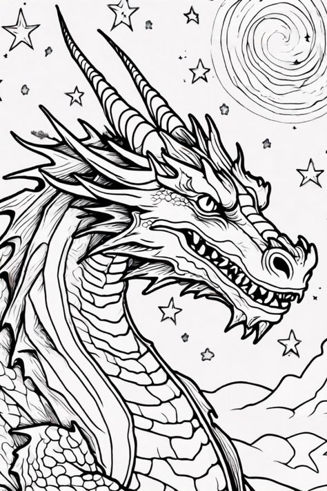 Unleash your creativity with our stunning Celestial Dragon coloring page! This fierce dragon, featuring sharp scales and a mouth full of teeth, is set against a breathtaking starry night sky. Enjoy the swirling moon and sparkling stars as you bring this majestic creature to life with your favorite colors. Perfect for adults and kids alike, this intricate design is great for relaxation and creativity Celestial Coloring Pages, Dragon Colouring Pages, Mythical Creatures Coloring Pages, Dragon Pictures To Color, Dragon Coloring Pages Free Printable, Dragons Coloring Pages, Intricate Coloring Pages, Colouring Patterns, Fantasy Coloring Pages