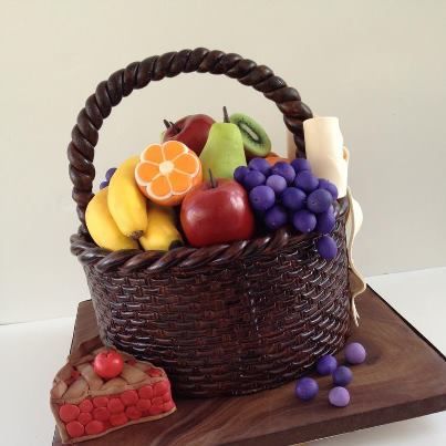 This cake was created for a local church who was having a celebration from a month long fast. The fruit are made out of RKT, the handle is made out of a 50/50 mixture of fondant and gum-paste Fruit Basket Cake, Basket Cake, Fruitcake Recipes, 3d Cakes, Tanah Liat, New Fruit, A Piece Of Cake, Crazy Cakes, Piece Of Cake