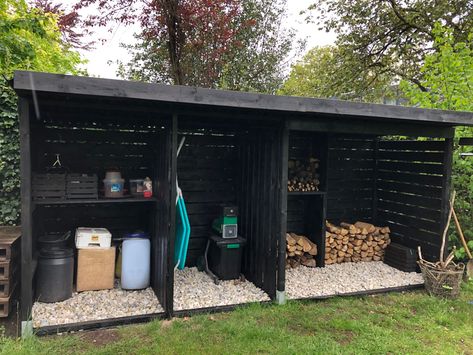 Backyard Wood Storage, Firewood Storage Outdoor Covered, Outdoor Firewood Storage Ideas, Shed Storage Solutions, Log Shed, Firewood Storage Outdoor, Outdoor Garden Sheds, Firewood Shed, Wood Storage Sheds