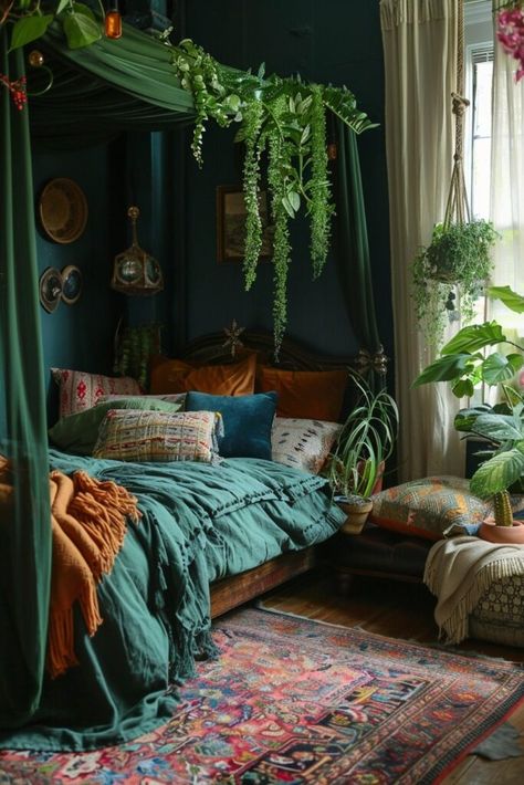 20 Enchanting Dark Green Bedroom Designs to Inspire You! - My Decor Inspo Deep Blue Green Bedroom, Dark Green Attic Bedroom, Dark Green And Gold Room, Dark Academia Green Bedroom, Green Whimsigoth Bedroom, Emerald Green Boho Bedroom, Maximalist Green Bedroom, Green And Copper Bedroom, Small Green Bedroom Ideas