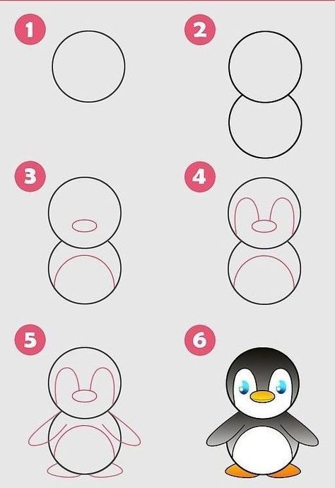 Simple Drawing Ideas Easy Step By Step, Draw A Penguin, Draw Mickey Mouse, Easy Steps To Draw, Trin For Trin Tegning, Steps To Draw, Drawing Ideas For Kids, Penguin Cartoon, Penguin Drawing