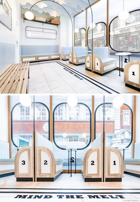 FormRoom have designed 'Milk Train', a modern ice cream cafe that's inspired by the design of the British underground trains and their stations. #ModernCafe #CafeDesign #InteriorDesign Train Design, Cafe Seating, Bar Design Awards, Retail Interior Design, Store Interiors, Restaurant Logo, Coffee Shop Design, Bar Design Restaurant, Cafe Interior Design