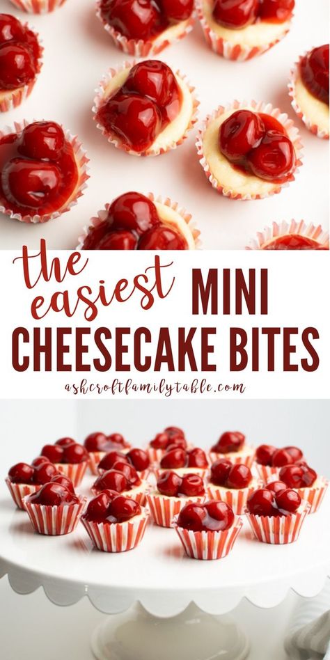 Here’s how to make creamy, sweet, and delicious mini cherry cheesecake bites in just 30 minutes! This simple recipe features sweetened cream cheese, cherry pie filling, and vanilla wafers. They’re one of our favorite holiday desserts and treats for a crowd, and they’re perfect for a Christmas party! Cheesecake Bites With Vanilla Wafers, Treats For A Crowd, Cherry Cheesecake Bites, Mini Cherry Cheesecakes, Pie Topping, Mini Cheesecakes Easy, Mini Cheesecake Bites, Christmas Luncheon, Mini Cheesecake Recipes