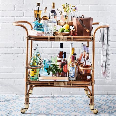 11 Bar Carts for Every Type of Entertainer Refreshing Summer Cocktails, Bar Cart Styling, Bar Tool Set, Southern Homes, Small Porches, Front Porch Decorating, Summer Refreshments, Coastal Design, Rattan Furniture