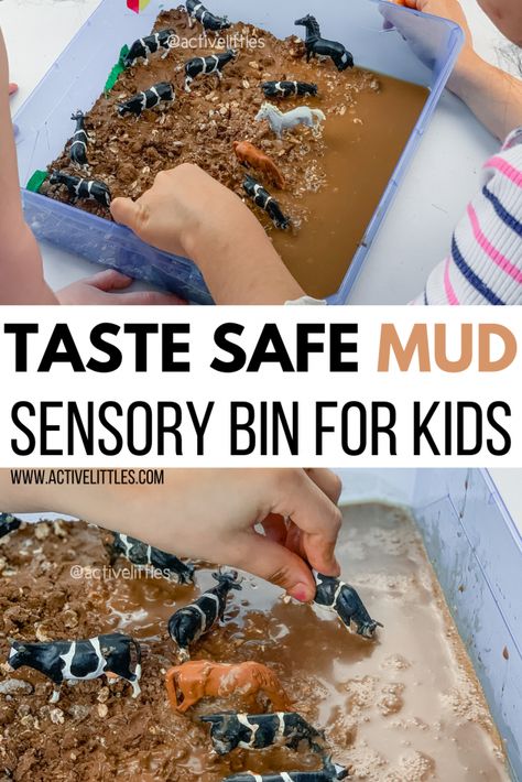 Wild Animal Sensory Bin, Rodeo Sensory Bin, Play Mud Recipe, Elephant Sensory Bin, Spring Tuff Tray Ideas For Babies, Oat Sensory Bin, Horse Sensory Bin, Farmer Activities For Toddlers, Dog Sensory Bin