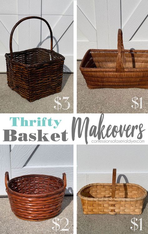 Got a basket or two that could use an update? Four thrifty basket makeovers are on the menu today, and you won't believe what they look like now! Wicker Basket Makeover, Wicker Basket Decor, Basket Makeover, Thrift Store Makeover, Painted Baskets, Mirror Makeover, Small Basket, Diy Basket, Diy Makeover