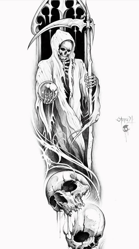 Art Drawings Tattoo, Reaper Drawing, Evil Skull Tattoo, Skull Art Tattoo, Tattoo Design Tattoo, Grim Reaper Tattoo, Skull Sleeve Tattoos, Skull Sleeve, Gangsta Tattoos