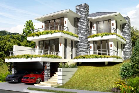 Designed for an uphill lot, this house owned by Mr. Efren Docena. Front Slope House Plans, Uphill House Design, Uphill House, House Built Into Hillside, Slope House Design, Sloping Lot House Plan, Slope House, Modern House Floor Plans, Hillside House