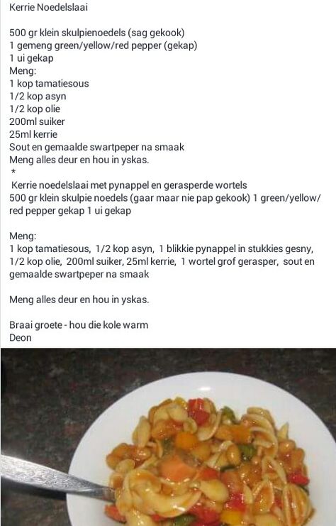 Kerrie Noedelslaai Noedelslaai Resep, Kerrie Noedelslaai Resep, Bacon Cheese Dip Recipes, Sweet Pasta Salads, Afrikaans Recipes, Maklike Resepte, Coffee Cookies Recipe, Curry Pasta, Easy Enchiladas