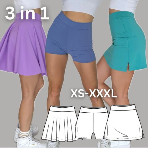 Some facts about the pattern: This sewing pattern gives you three options in one: sports shorts, an a-line skort (a skirt with shorts), and a circle skort! Just one purchase gets you all three! 🤩 Easy to use for beginners, with clear instructions and video guides. Comes in seven sizes with seam allowance included. Athletic Skirt Sewing Pattern, Athletic Sewing Patterns, Sewing Gym Clothes, Activewear Sewing Patterns, Skort Sewing Patterns Free, Short Patterns Sewing Free, Short Skirt Pattern, Shorts Free Pattern, Skort Sewing Pattern