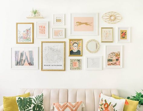 Gallery Wall 101 – How to Make a Gallery Wall on a Budget | Sequins and Sales | Bloglovin’ Wall Collage With Big Center Picture, Unique Wall Collage Ideas, Colorful Art Gallery Wall, Preppy Gallery Wall, Small Frame Gallery Wall, Wall Picture Gallery, Gallery Wall 101, Collage Wall Ideas, Mini Gym At Home