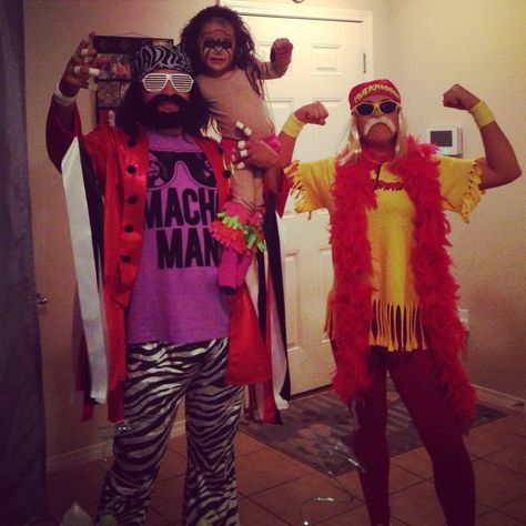 WWE - Macho Man Randy Savage, Ultimate Warrior, and Hulk Hogan Diy Macho Man Randy Savage Costume, Wwe Family Halloween Costumes, Macho Man Halloween Costume, Wrestling Family Costumes, Wwe Family Costumes, 80s Wrestlers Costume, Wwe Couples Costumes, Hulk Hogan And Macho Man Costume, Hulk Hogan Costume Women