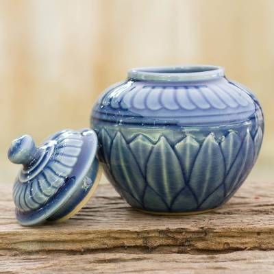 UNICEF Market | Blue Lotus Covered Ceramic Jar - Serene Lotus Pottery Lidded Vessels, Ceramic Lidded Vessels, Pottery Lids, Lidded Jars Pottery, Jars Pottery, Pottery Hand Building, Slip Trailing, Celadon Ceramics, Clay Slip