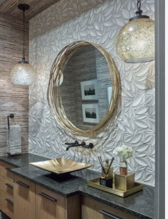 love this vine border - not gold - but love idea of a curved mirror instead of rectangle Table Top Wash Basin Ideas In Hall, Table Top Wash Basin Ideas In Living Room, Dining Hall Wash Basin Design, Wash Basin Ideas In Hall, Tiles Design For Hall, Unique Bathroom Mirrors, Modern Pedestal Sink, Rustic Bathroom Mirrors, Decorative Bathroom Mirrors