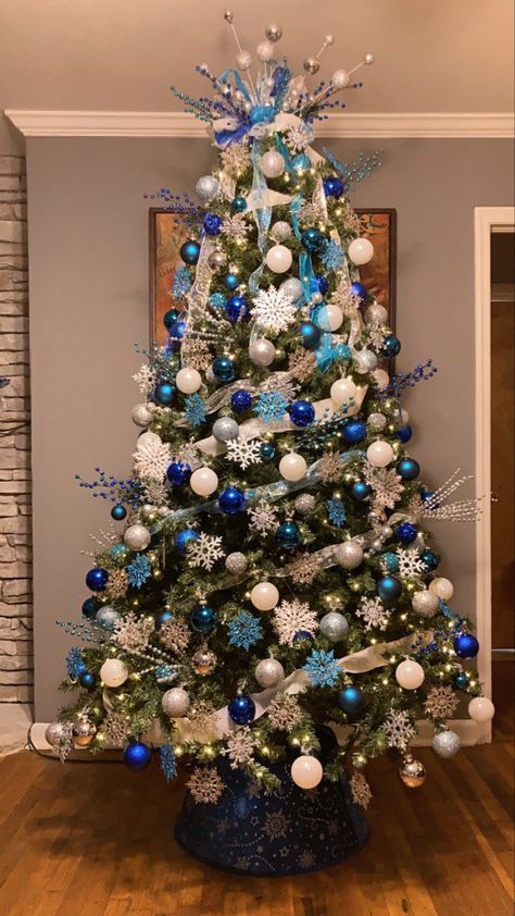 Christmas Decor Ideas Blue White And Silver, Small Blue Christmas Tree, Blue Ornament Christmas Tree, Blue Christmas Tree Ideas Color Schemes, Silver White And Blue Christmas Tree, Baby Blue Christmas Tree Decorations, Christmas Tree Ideas Blue And White, Blue Sliver White Christmas Tree Decor, Blue Silver And White Christmas Decor