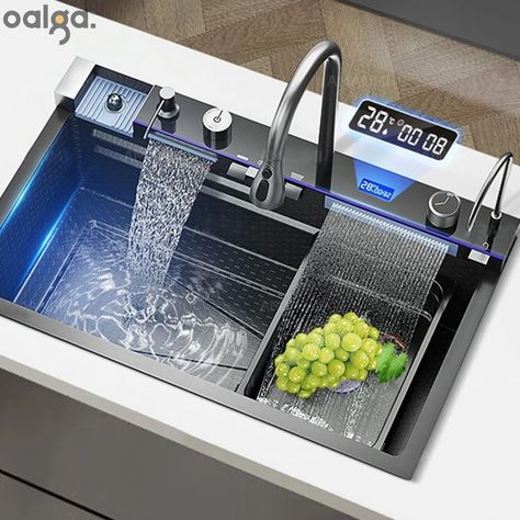 304 Stainless Steel Waterfall Kitchen Sinks Single Slot Integrated Digital Display Faucet Set Soap Sinks For Kitchen, Green Lake House, Ledge Kitchen Sinks, Kitchen Prep Sink, Island With Sink, Glass Bathtub, Waterfall Kitchen, Top Kitchen Gadgets, Kitchen Island With Sink