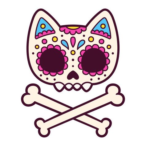 Cat Drawing Face, Cartoon Mexican, Drawing Ideas Cute, Kawaii Ideas, Sugar Skull Cat, Drawing Ideas Color, Painted Cat, Animal Rabbit, Cat Skull