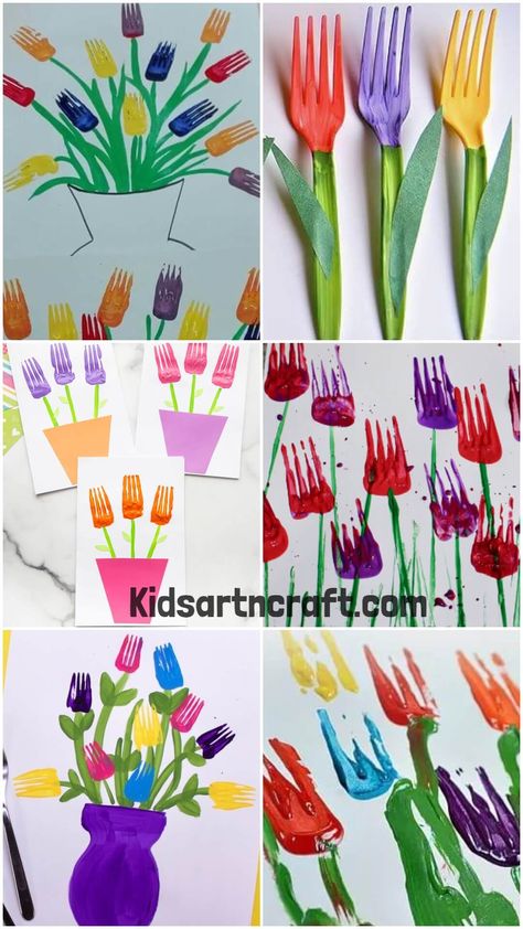 Fork Tulips Art & Craft Ideas - Kids Art & Craft Tulip Crafts For Kids, Paper Animal Crafts, Tulip Artwork, Noodle Art, Craft Activities For Toddlers, Easy Toddler Crafts, Scarecrow Crafts, Art And Craft Materials, Tulips Art