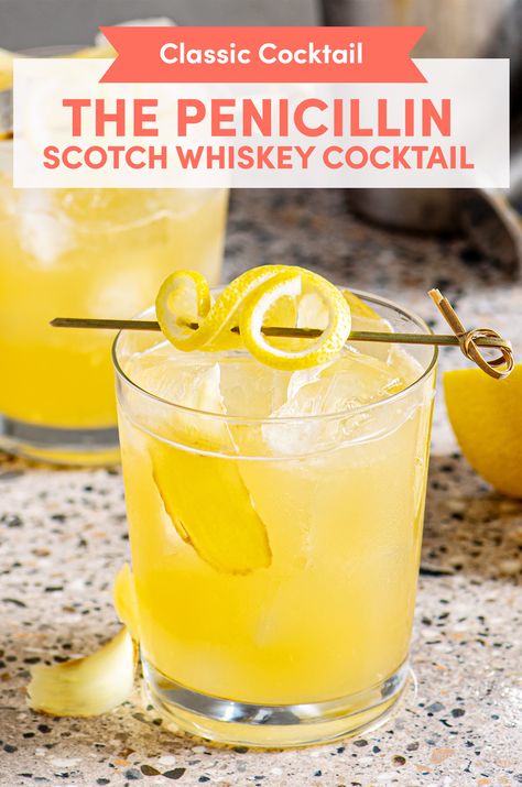 The Penicillin is a Scotch Whiskey cocktail made with lemon, honey, and ginger. Find out how to make it and what earned the drink its intriguing name! Scotch Drinks Cocktails, English Drinks, Scotch Whiskey Cocktails, Best Whiskey Cocktails, Mocktails Recipes, Penicillin Cocktail, Homemade Whiskey, Scottish Drinks, Honey Whiskey