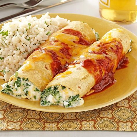 Spinach Enchiladas Spinach Enchiladas, Enchiladas Recipe, Enchilada Recipes, Quesadillas, Vegetarian Dishes, Main Dish Recipes, Burritos, Dinner Time, Good Eats