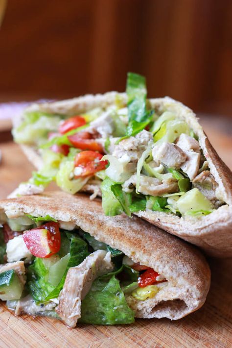 Greek Chicken Salad Pita Pockets|littlebroken.com Eggplant Tacos, Pitta Bread Recipe, Chicken Pita Pockets, Greek Chicken Pita, Pita Pocket Recipes, Crispy Eggplant, Pita Recipes, Greek Chicken Salad, Chicken Pita