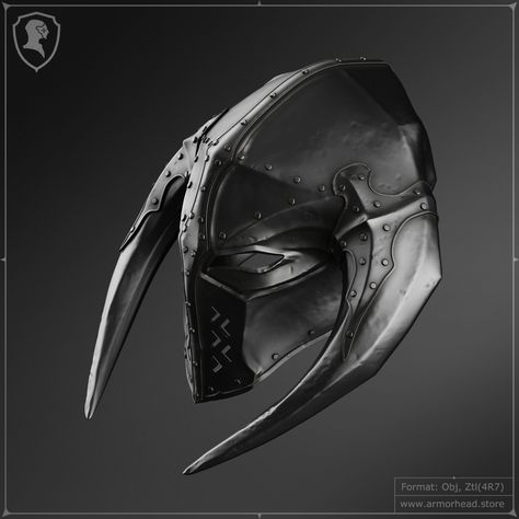 Fantasy Helmet Design, Helmet Fantasy, Horned Helmet, Red Hood Comic, Helmet Concept, Medieval Helmets, Knights Helmet, Viking Helmet, Fantasy Props