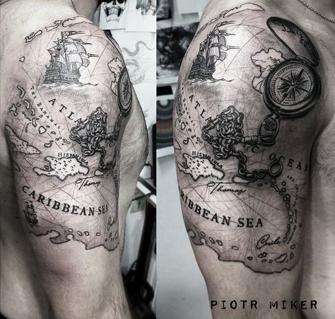 Old Map Tattoo, Uncharted Tattoo, Caribbean Tattoo, Ocean Sleeve Tattoos, Nautical Tattoo Sleeve, Belly Button Tattoo, Button Tattoo, Ace Tattoo, Around Arm Tattoo