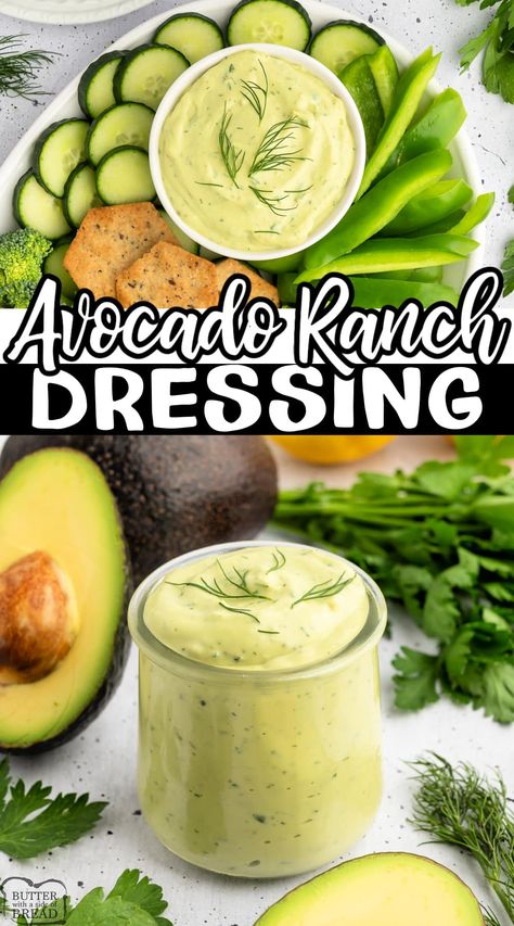 AVOCADO RANCH DRESSING - Butter with a Side of Bread Avocado Ranch Dressing Recipe, Homemade Avocado Ranch Dressing, Yogurt Ranch Dip, Greek Yogurt Ranch Dip, Healthy Ranch Dressing, Yogurt Ranch, Yogurt Ranch Dressing, Greek Yogurt Ranch, Avocado Ranch Dressing