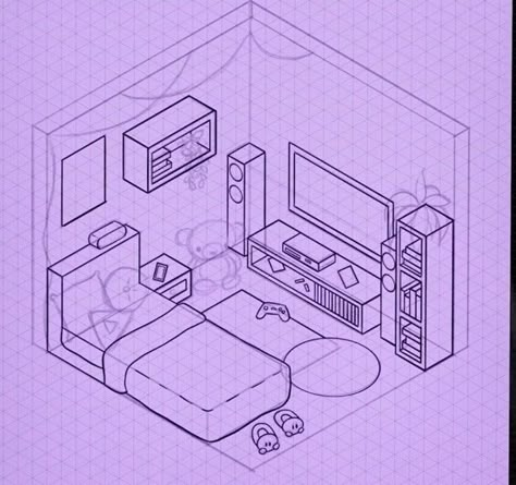 Digital Room Drawing, Isometric Room Reference, Isometric Room Drawing Sketch, Room Cube Drawing, Isometric Drawing Tutorial, Simple Room Drawing Reference, Room Template Drawing, Isometric Art Bedroom, Drawings Of Bedrooms