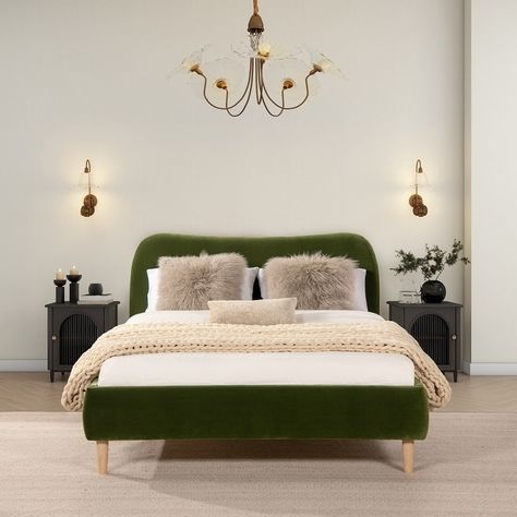 Green Bed Frame, Olive Green Bed, Green Velvet Bed, Upholstered Platform Bed King, Curved Bed Frame, Upholstered Platform Bed Queen, Platform Bed Queen, Green Headboard, Green Bed