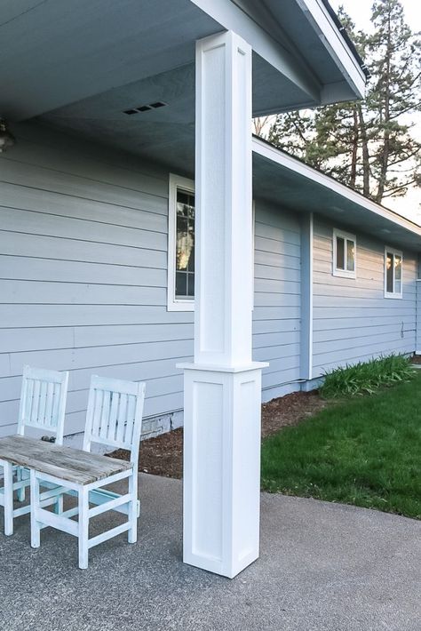 Looking to add curb appeal to your house? Give your skinny porch posts a makeover! Column In Living Room, Craftsman Style Porch, Front Porch Posts, Porch Pillars, Front Porch Columns, Add Curb Appeal, Front Porch Makeover, Porch Remodel, Porch Columns